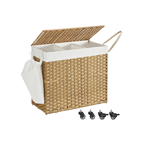 SONGMICS Handwoven Laundry Basket with Wheels & 3 Compartments ALCB365N01