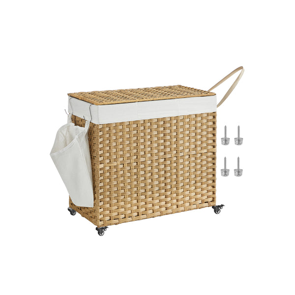 SONGMICS Handwoven Laundry Basket with Wheels & 3 Compartments ULCB365N01
